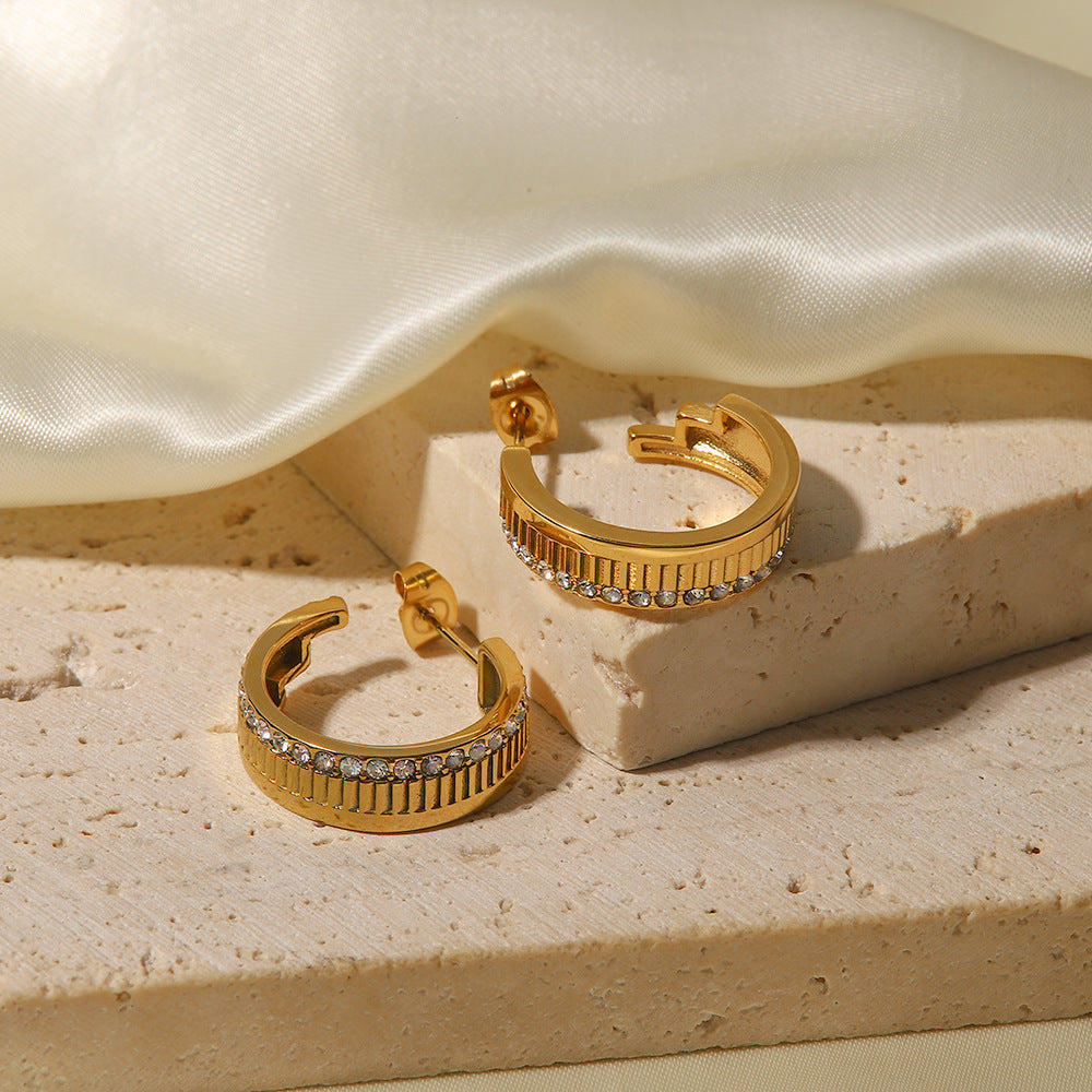 18K Gold Plated White Diamond Open Stripe Earrings