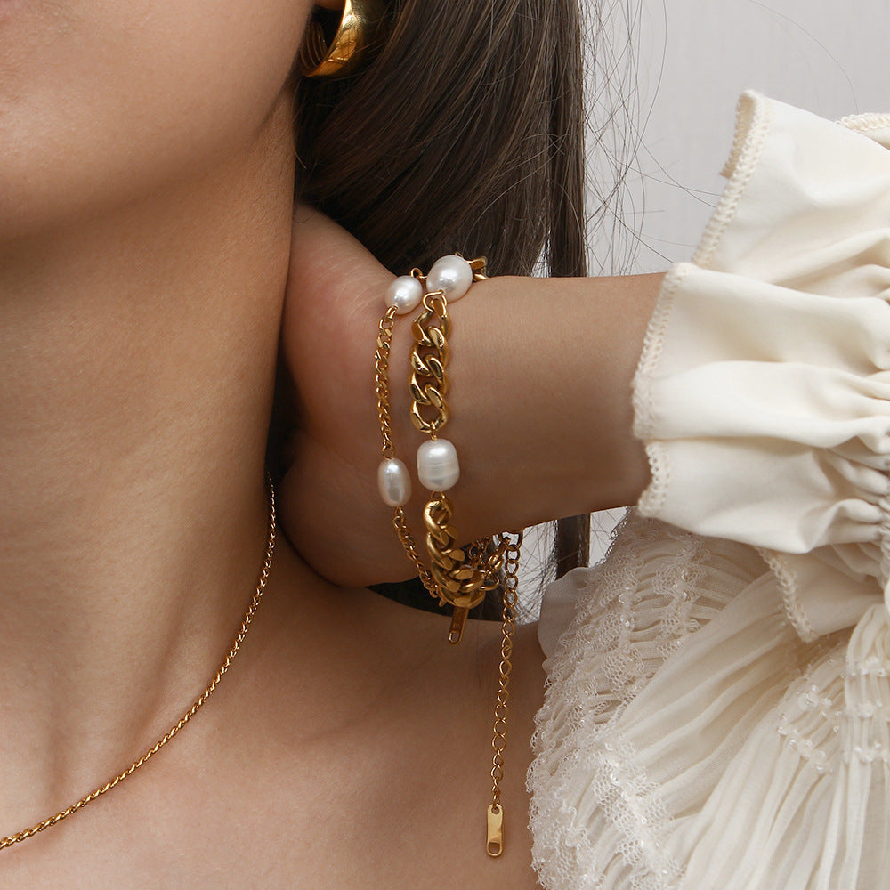 18K Gold Inlaid Three Pearls Fashion Simple Bracelet
