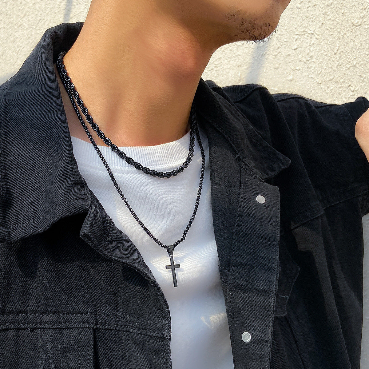 Men Simple fashion double stacked cross design pendant necklace