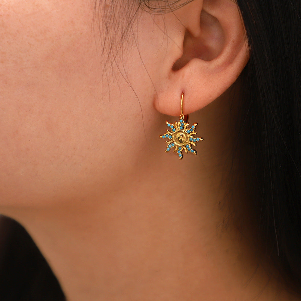 18k Gold Plated Sapphire Sun Shape Drop Earrings