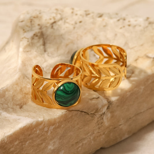 18K Gold Plated Inlaid Green Malachite Openwork Leaf Ring