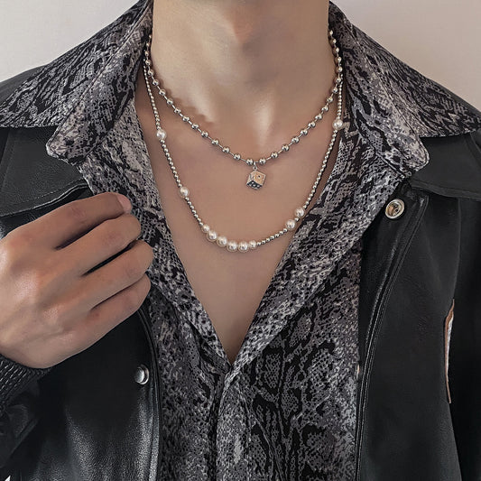 Men Fashion simple pearl double layered with dice pendant necklace