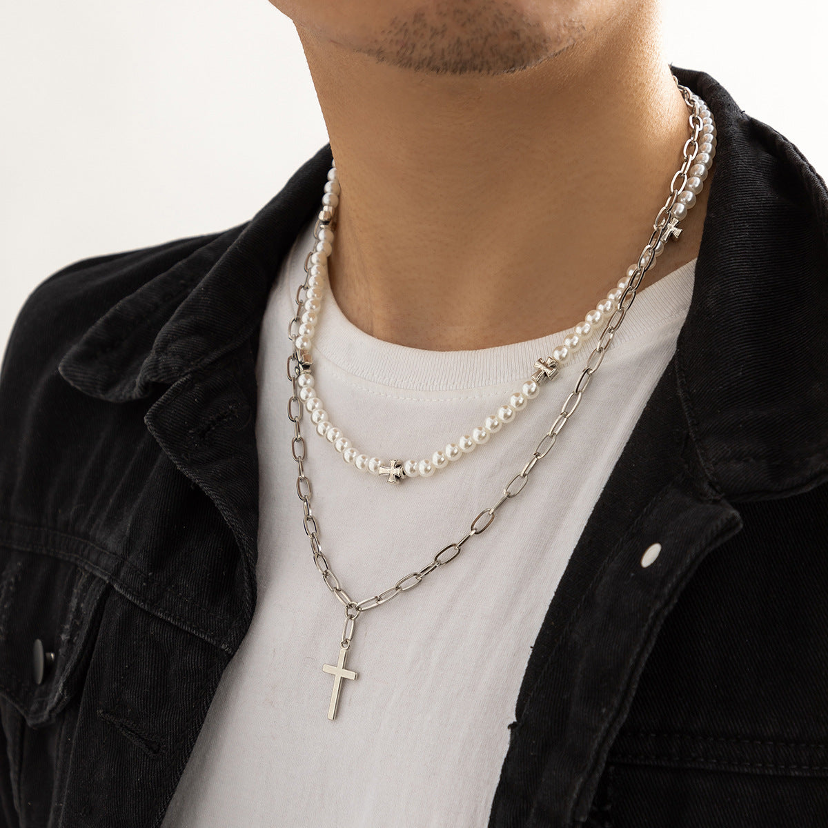 Men Retro Simple Pearl Stitching Cross Design Hip Hop Necklace
