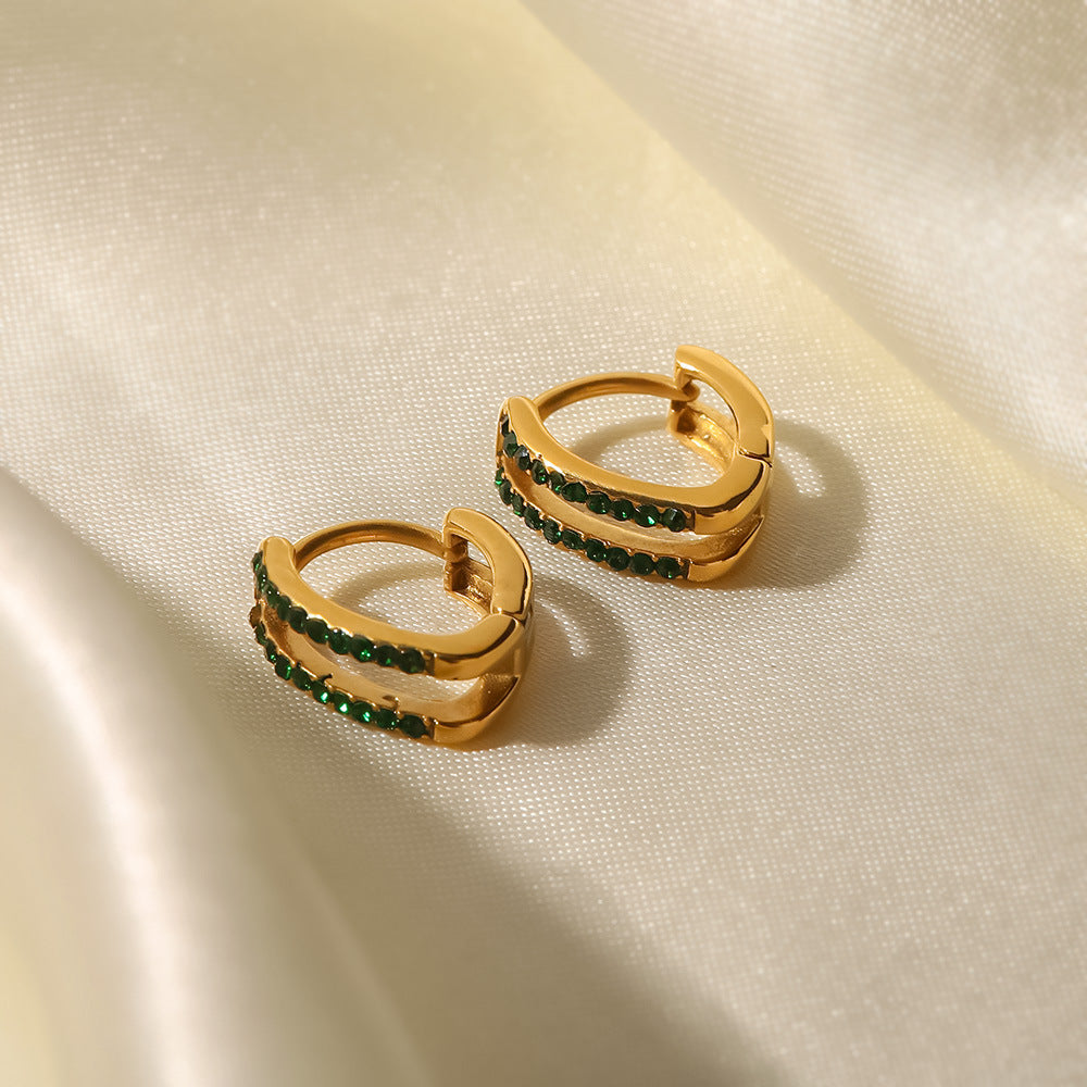 18K Gold Plated Double Circle Green/White Fine Diamond Earrings