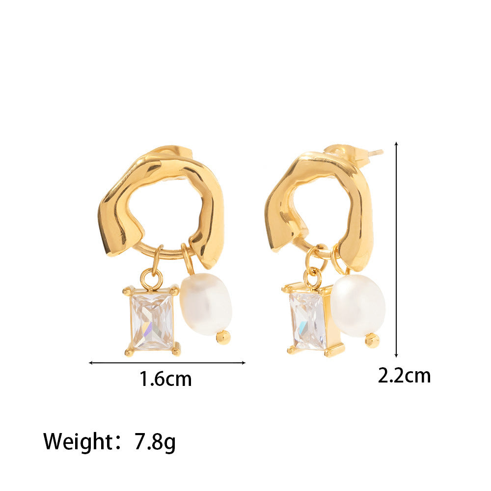18K Gold Plated Inlaid White Green Zircon Natural Freshwater Pearl Drop Earrings