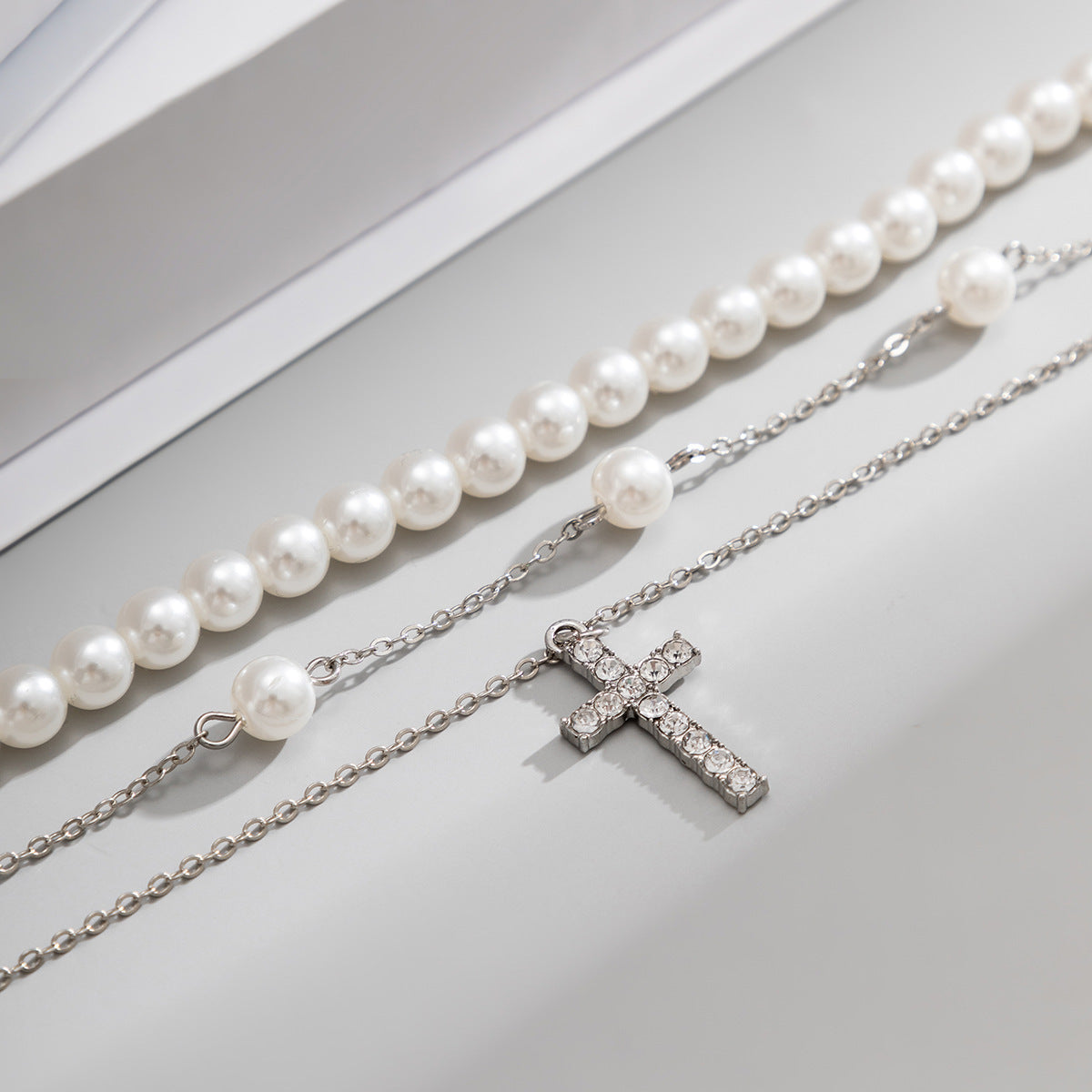Men Fashionable and simple multi-layered cross with pearl hip-hop pendant necklace