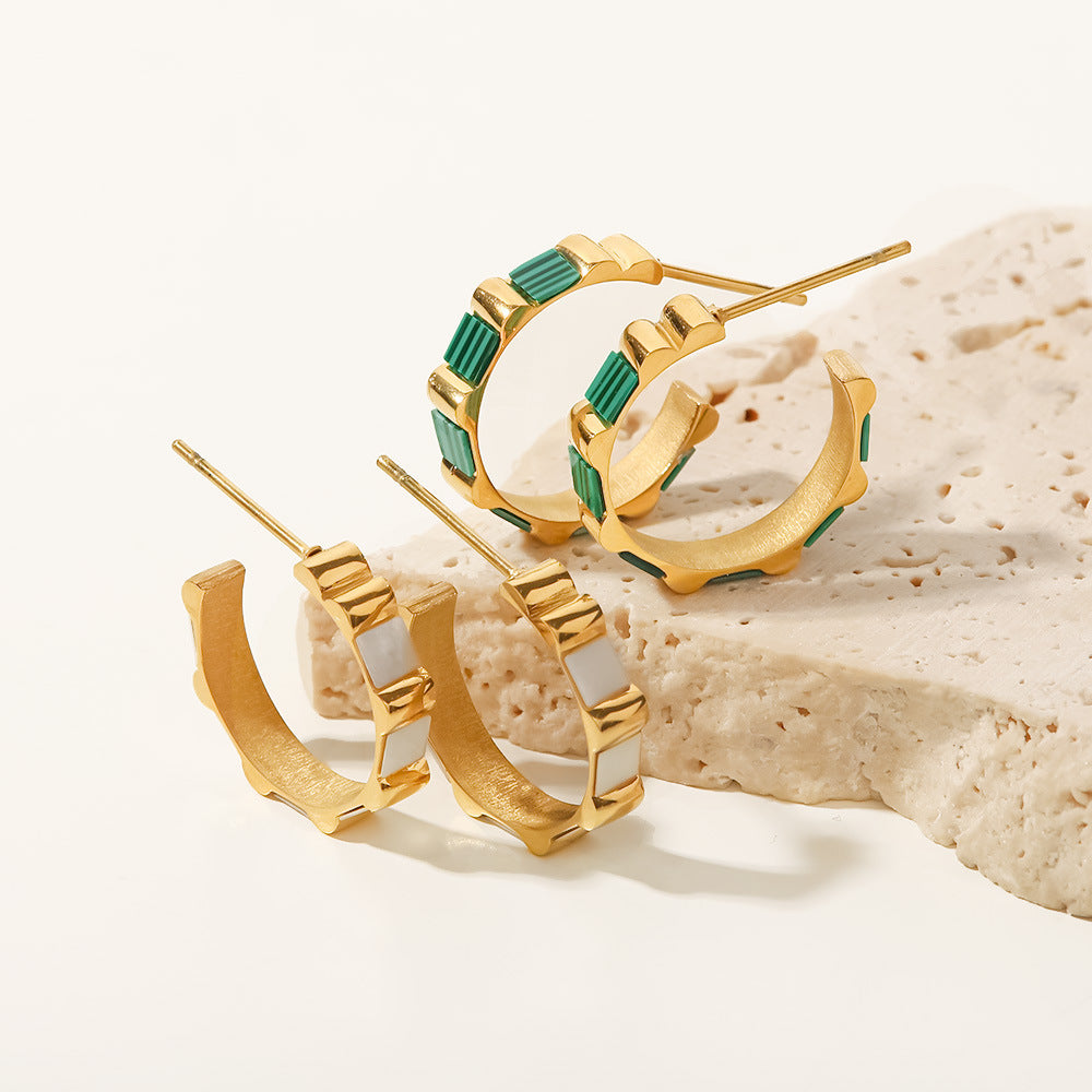 18k Gold Plated C Shape Bamboo Inlaid White Shell/Green Malachite Hoop Earrings