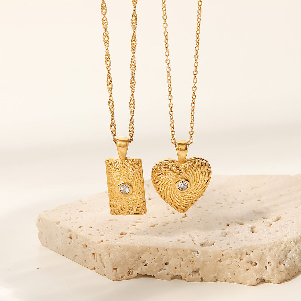 18K Gold Plated Zircon Geometric Texture Square/Heart Pendant Necklace