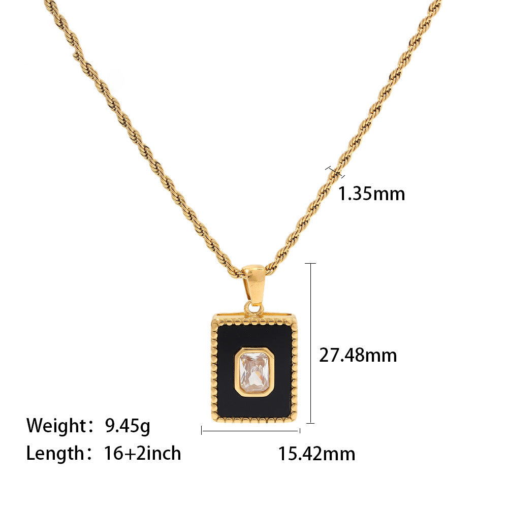 18K Gold Inlaid White Zircon Malachite Twist Chain Square Pendant Necklace