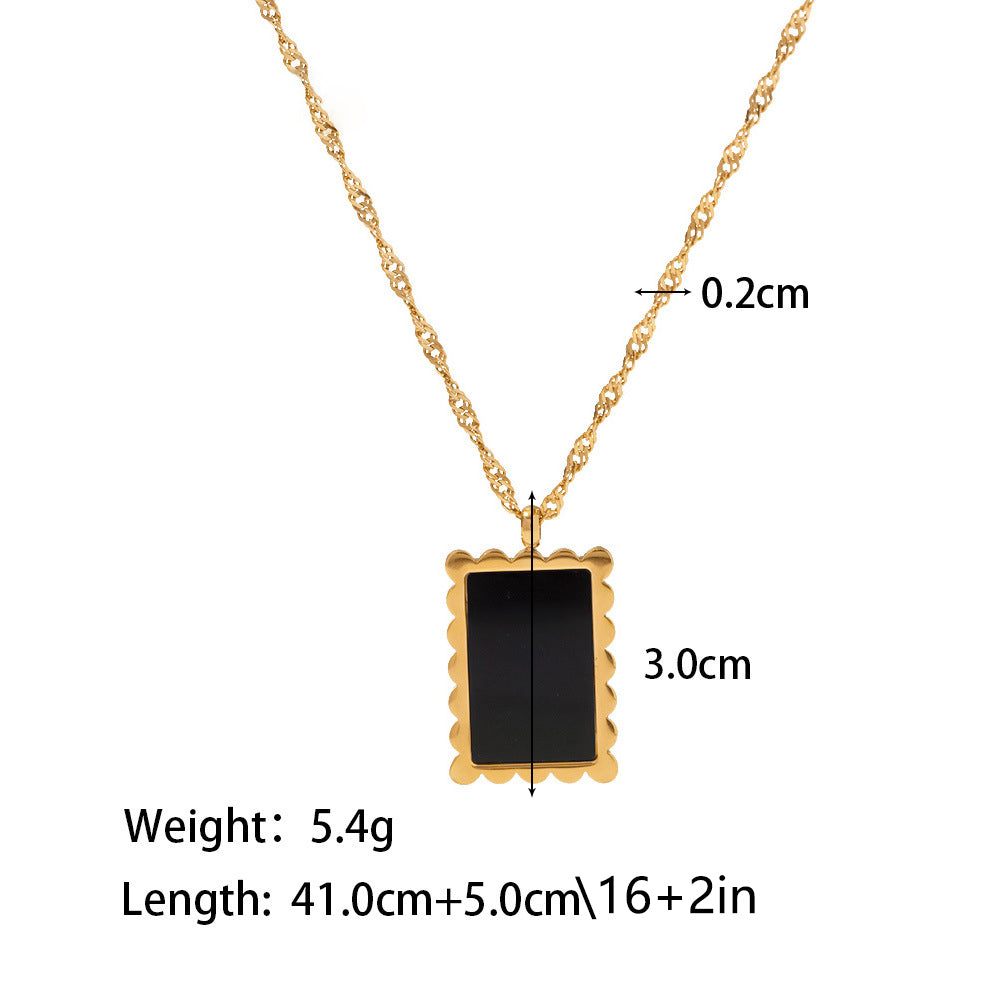 18K Gold Square Lace Inlaid White Shell/Green Malachite/Black Shell Pendant Necklace