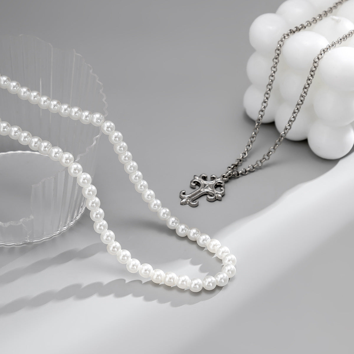 Men Simple fashion double layer pearl with cross design versatile pendant necklace