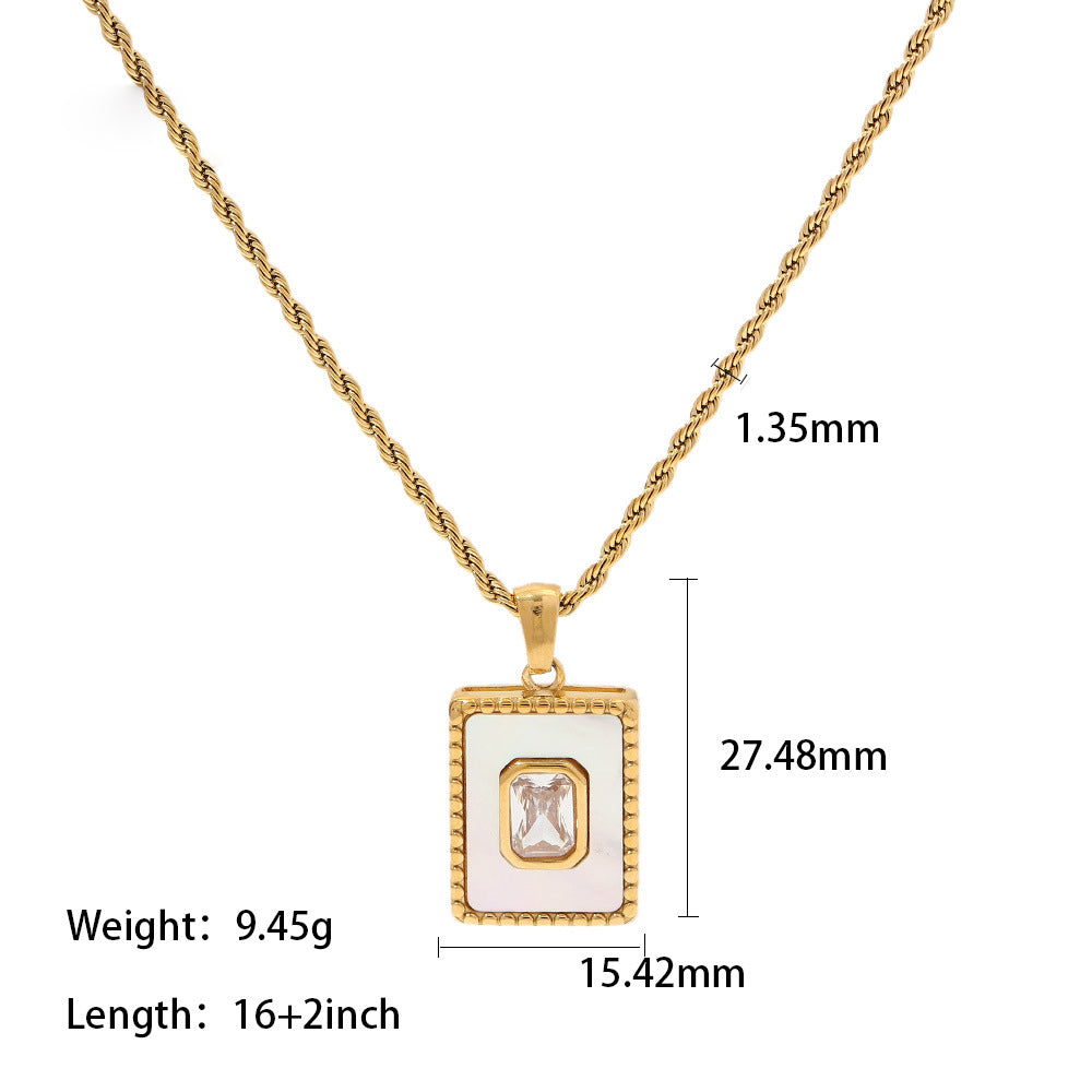18K Gold Inlaid White Zircon Malachite Twist Chain Square Pendant Necklace