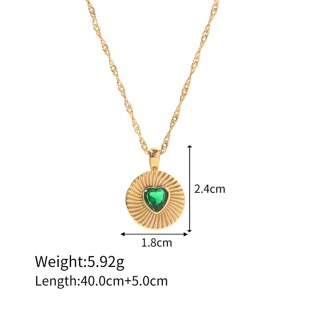 18K Gold Plated Heart Shaped White Green Zircon Coin Wind Pendant Necklace