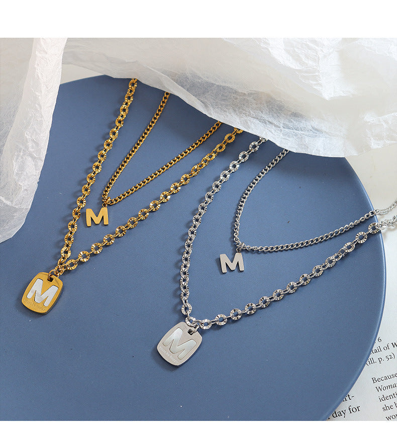 18K Gold Exquisite Letter M Square Plate Hollow Design Pendant Necklace