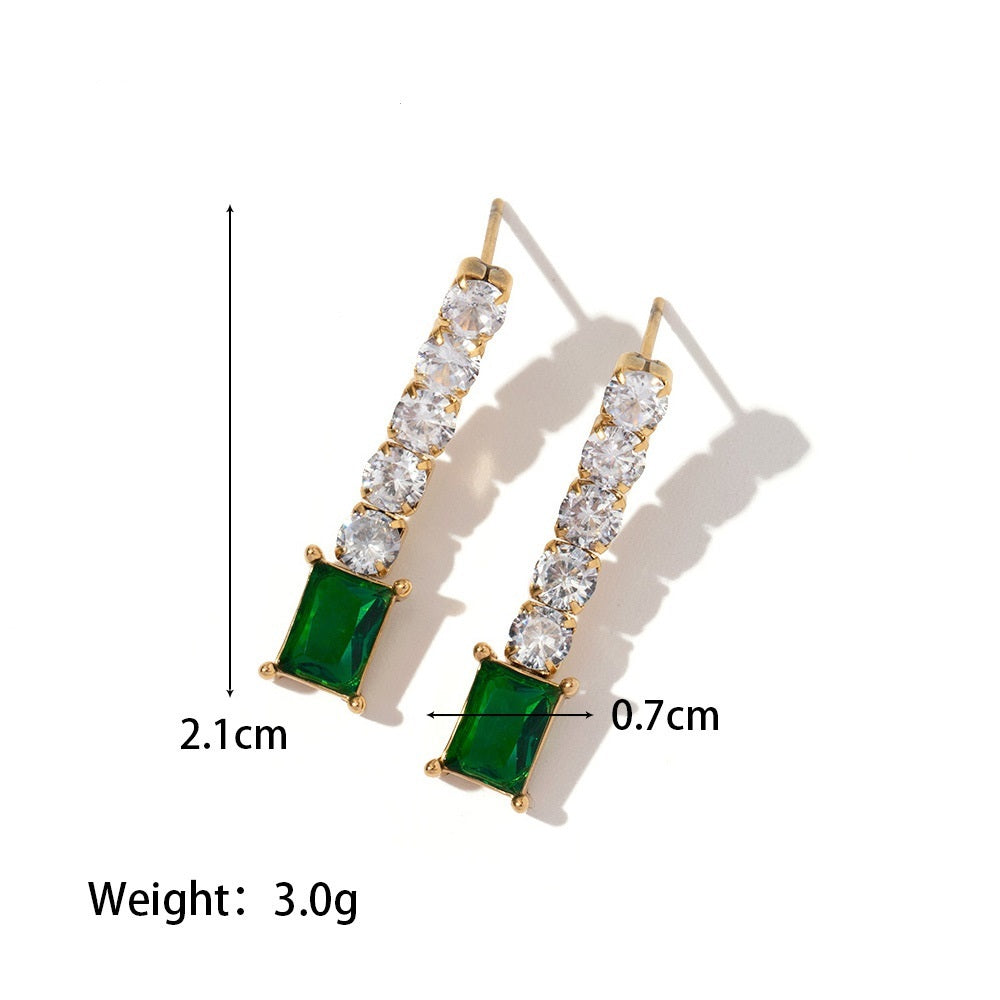 Fashionable and versatile inlaid green and white zircon pendant earrings