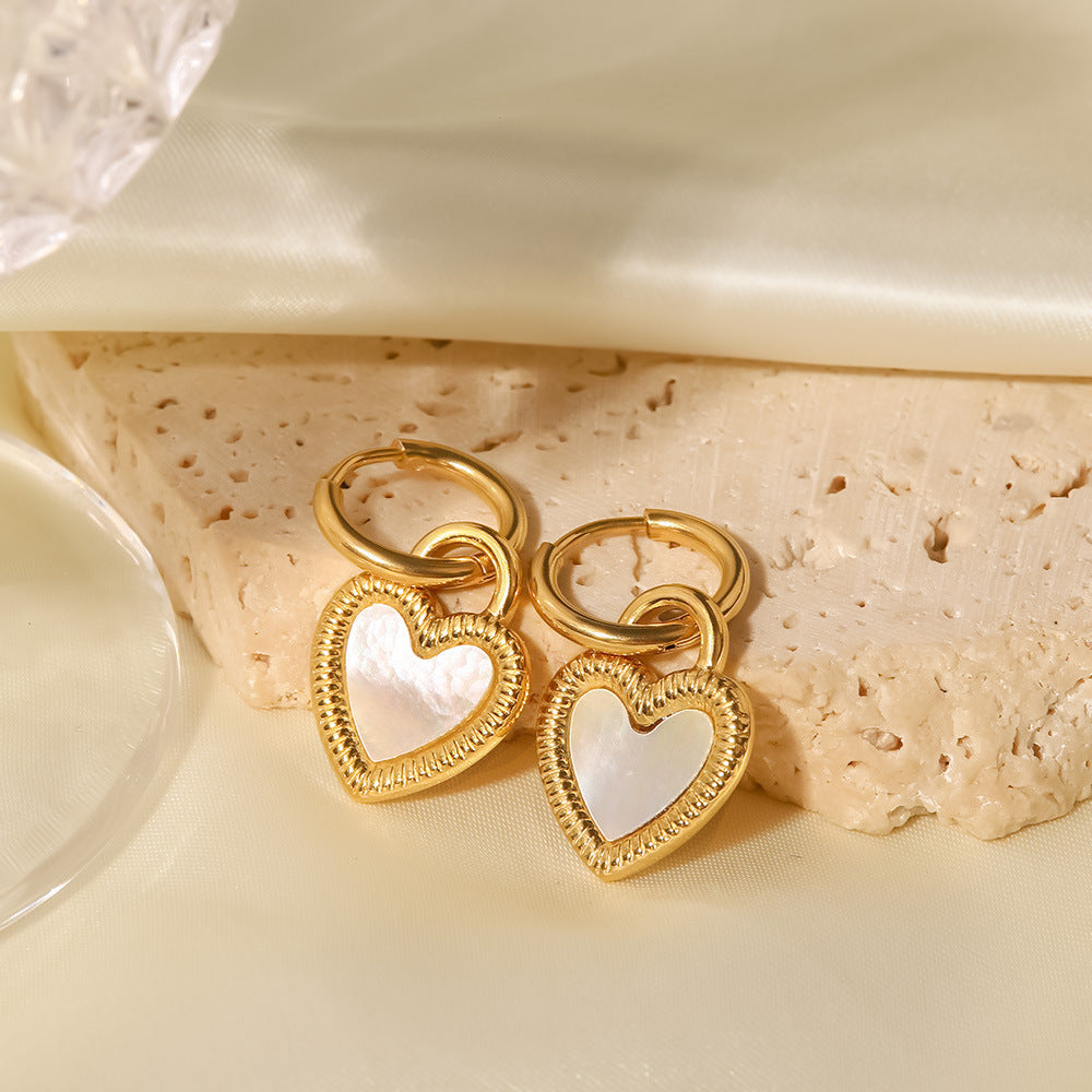18k Gold Plated Inlaid White Natural Shell Heart Lock Design Pendant Earrings