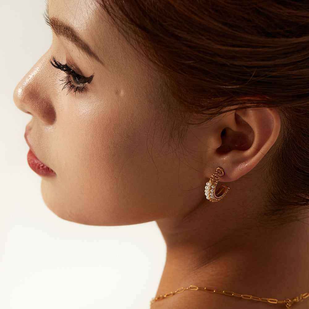 18K Gold Plated Pearl C Shape Earrings