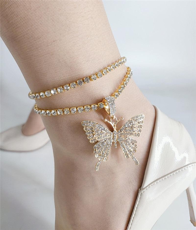 A1.Diamond Butterfly Pendant Double Anklet - Elle Royal Jewelry