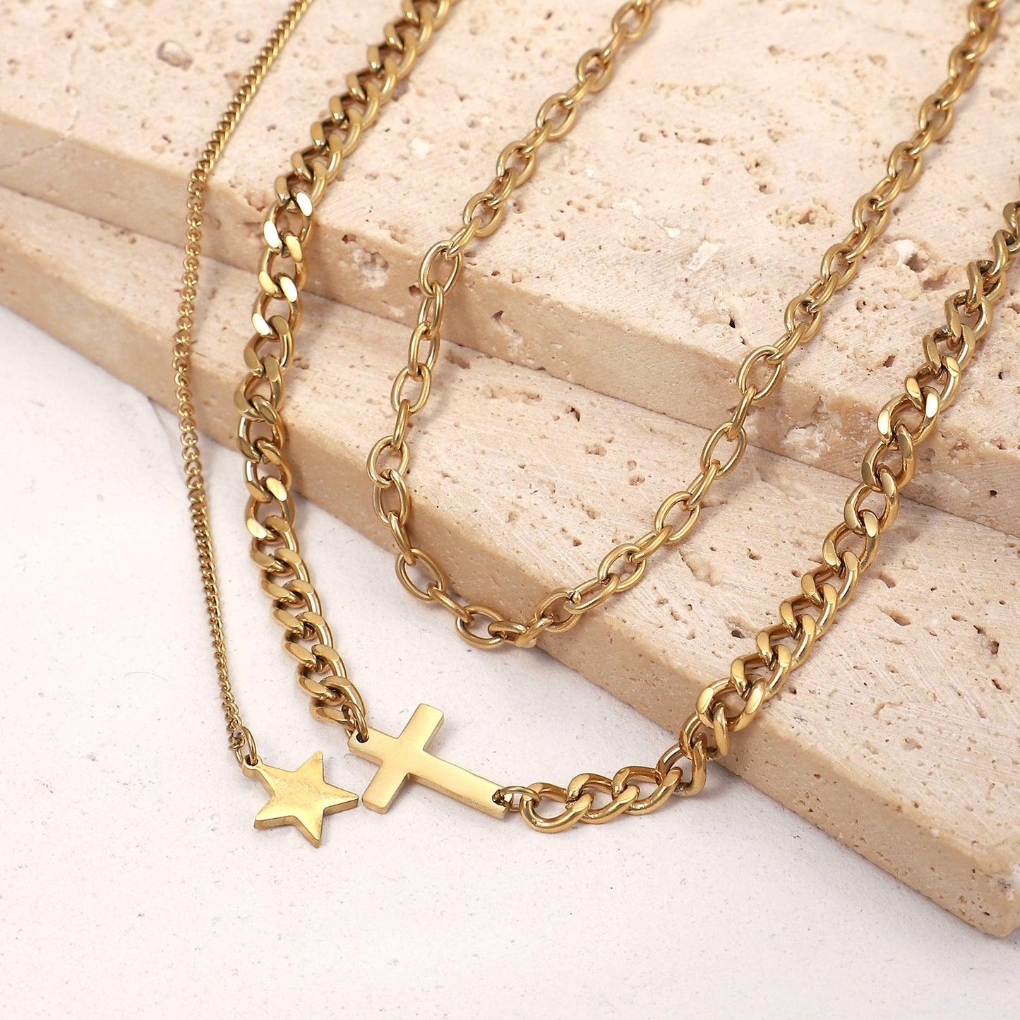 N27.18K Gold Cross and Star Pendant Double Layer Necklace - Elle Royal Jewelry