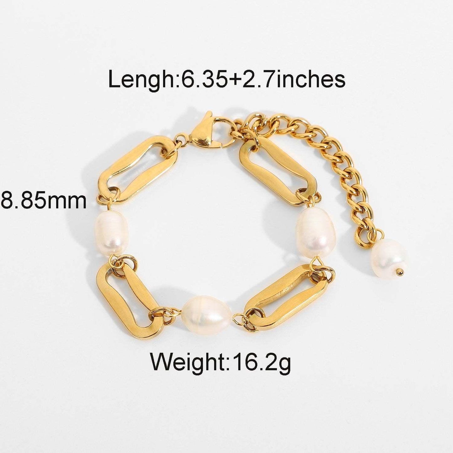B13.18K Gold Baroque Rectangular Chain Spacer Pearl Bracelet - Elle Royal Jewelry