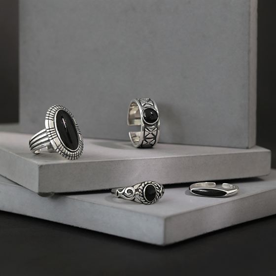 Hot Vintage Black Geometry 925 Sterling Silver Adjustable Ring