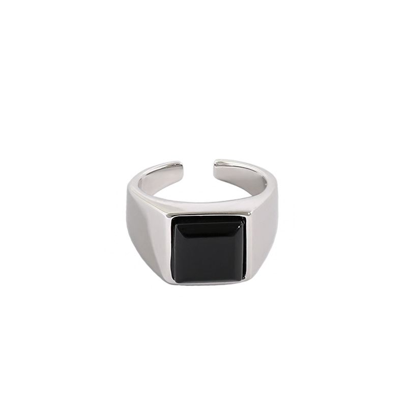 Geometry Stone Square Created Black Agate 925 Sterling Silver Adjustable Ring