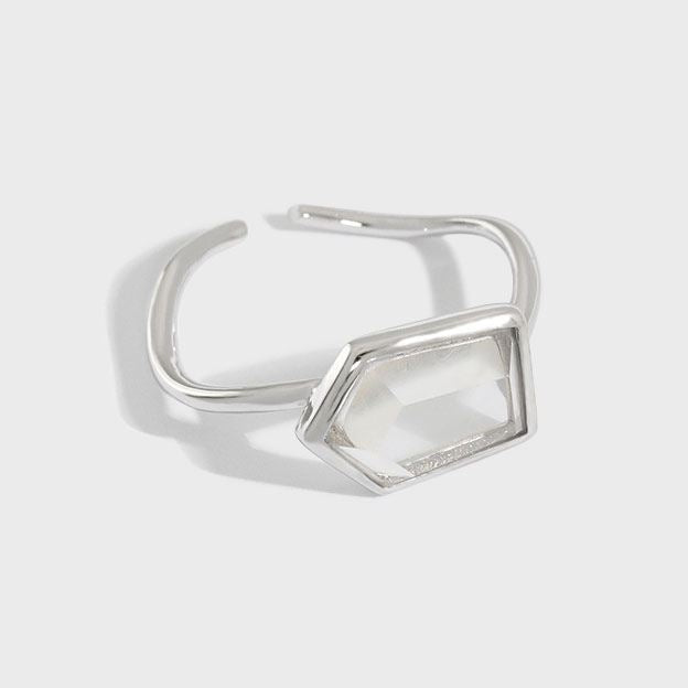Geometry Hexagon Natural Stone Crystal 925 Sterling Silver Adjustable Ring