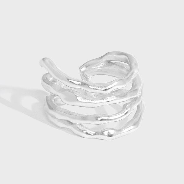 Classic Multi Layer Irregular Lines 925 Sterling Silver Adjustable Ring