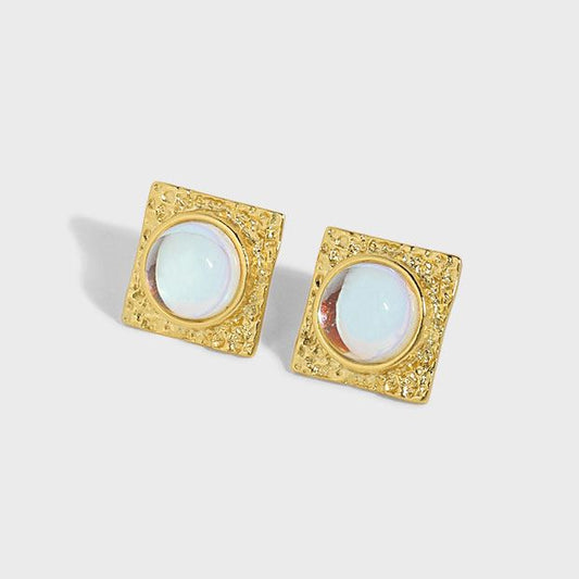 Office Geometry Square Round Created Moonstone 925 Sterling Silver Stud Earrings