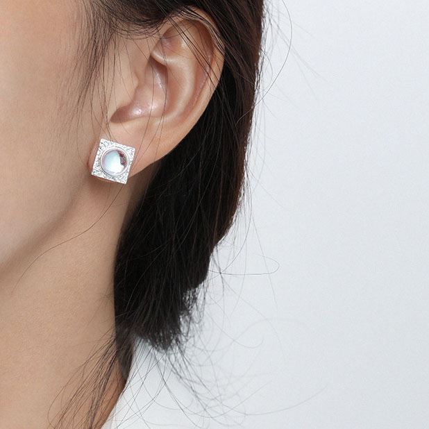 Office Geometry Square Round Created Moonstone 925 Sterling Silver Stud Earrings
