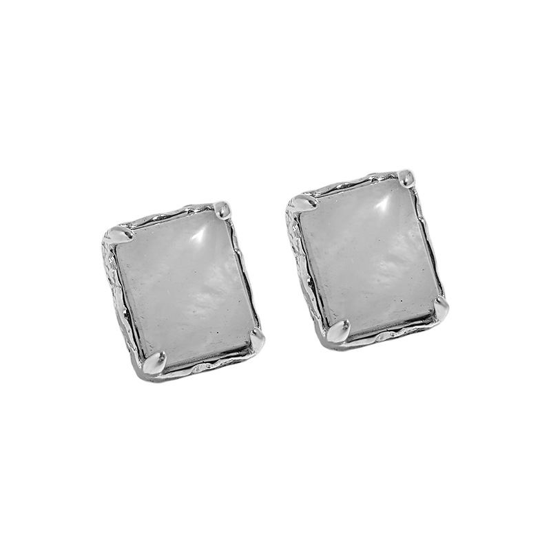 Geometry Natural Stone Crystal Rectangle 925 Sterling Silver Stud Earrings