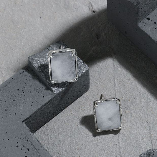 Geometry Natural Stone Crystal Rectangle 925 Sterling Silver Stud Earrings