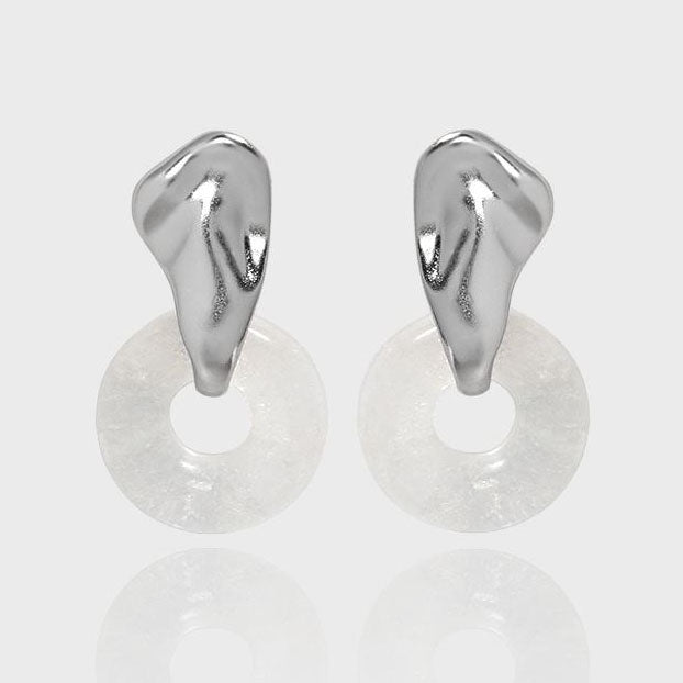 Elegant Geometry Natural Stone Crystal Circle 925 Sterling Silver Dangling Earrings