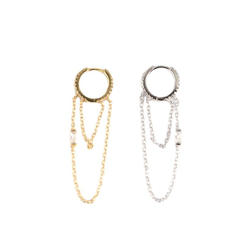 Fashion Double Layer CZ Chain Tassels 925 Sterling Silver Hoop Earrings