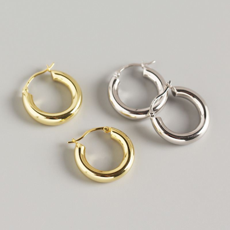 Simple Round Circle 925 Sterling Silver Huggie Hoop Earrings