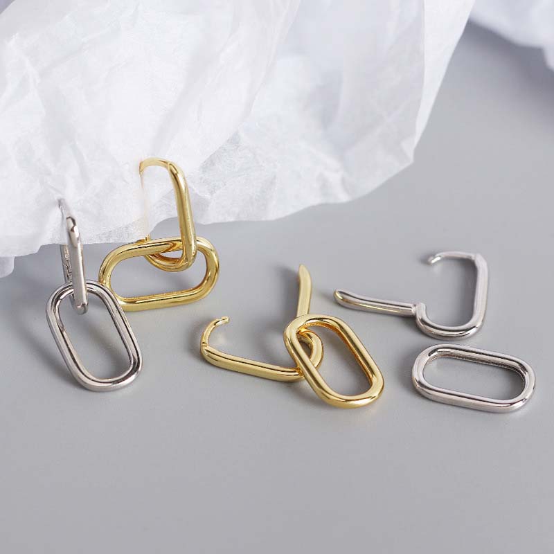 Geometry Hollow Ellipse Chain 925 Sterling Silver Hoop Earrings