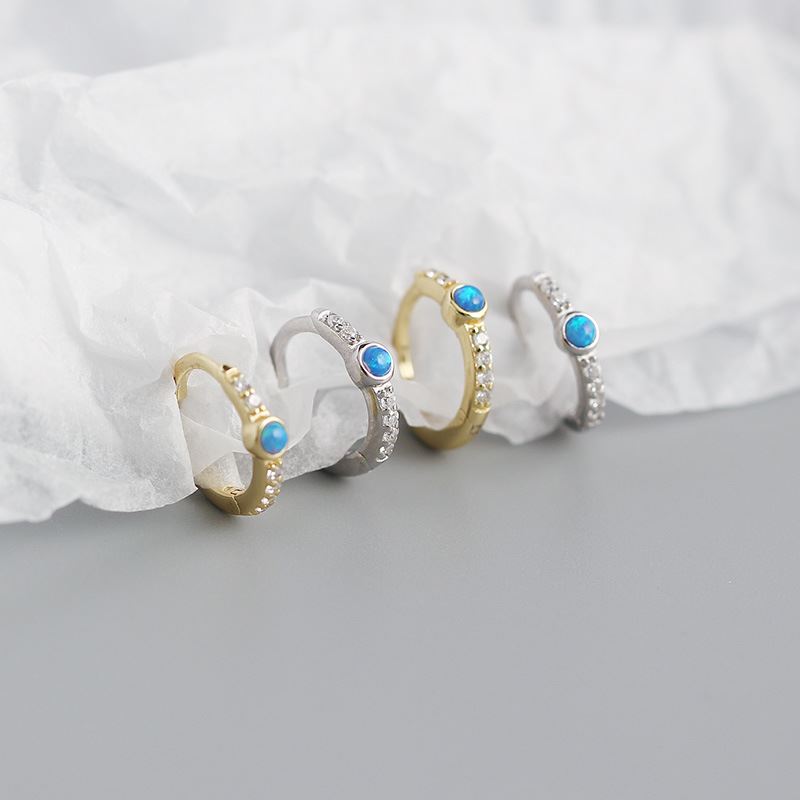 New Blue Created Opal CZ 925 Sterling Silver Huggie Hoop Earrings