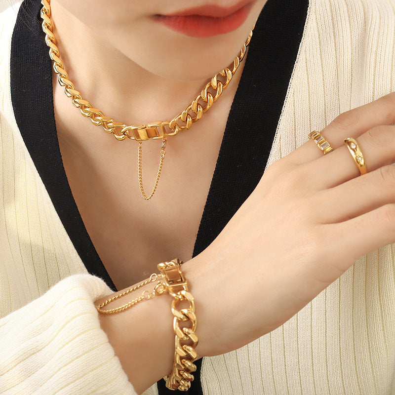 18K Gold Thick Chain Hip Hop Tassel Necklace Bracelet Set