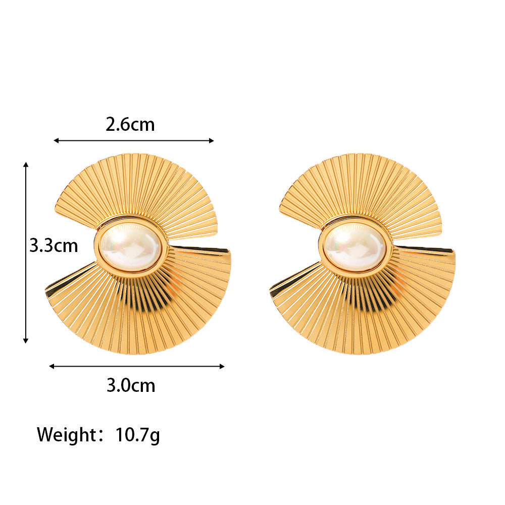 18k Gold Plated Oval Pearl Scalloped Punk Earrings