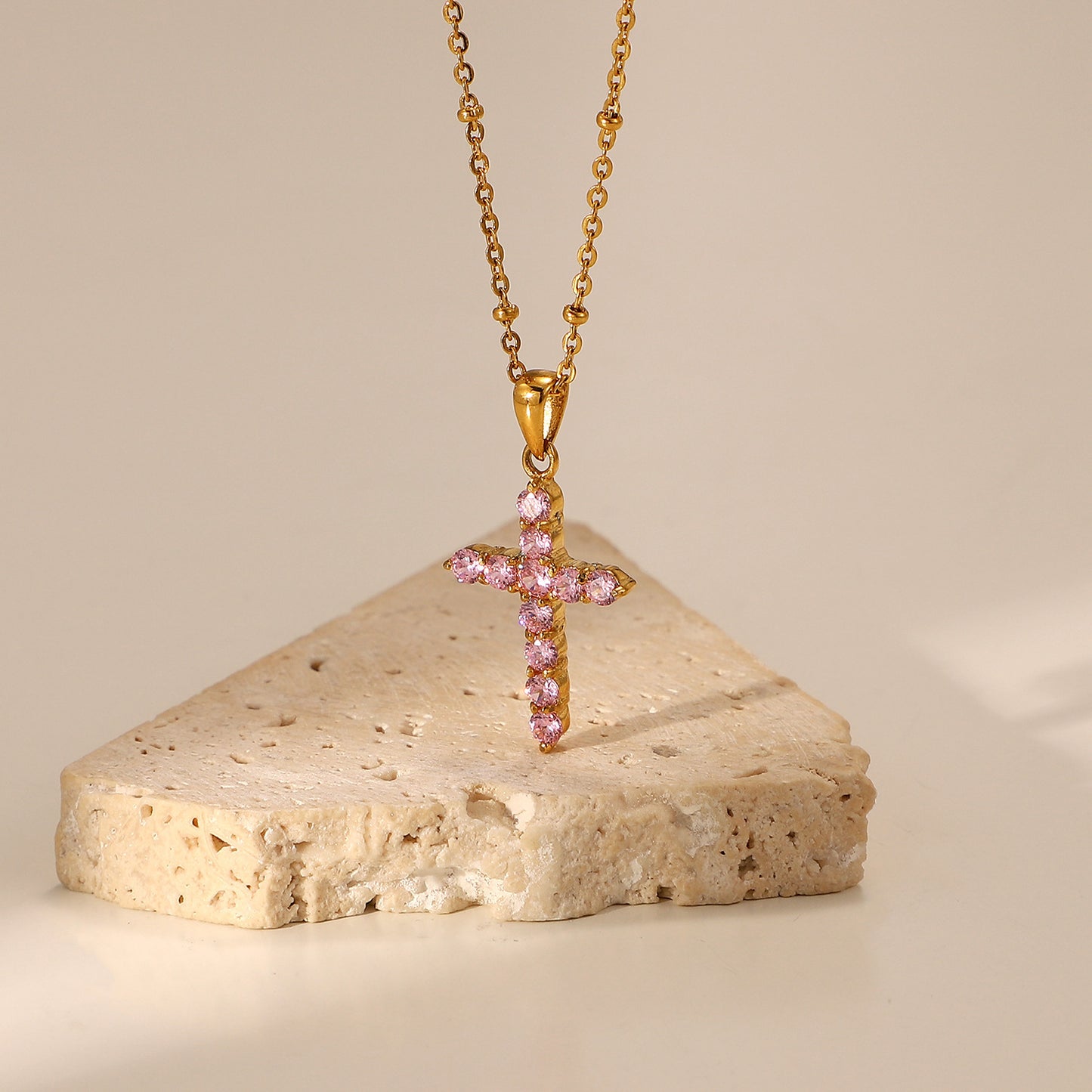 N39.18K Gold Plated Pink Zircon Cross Pendant Necklace