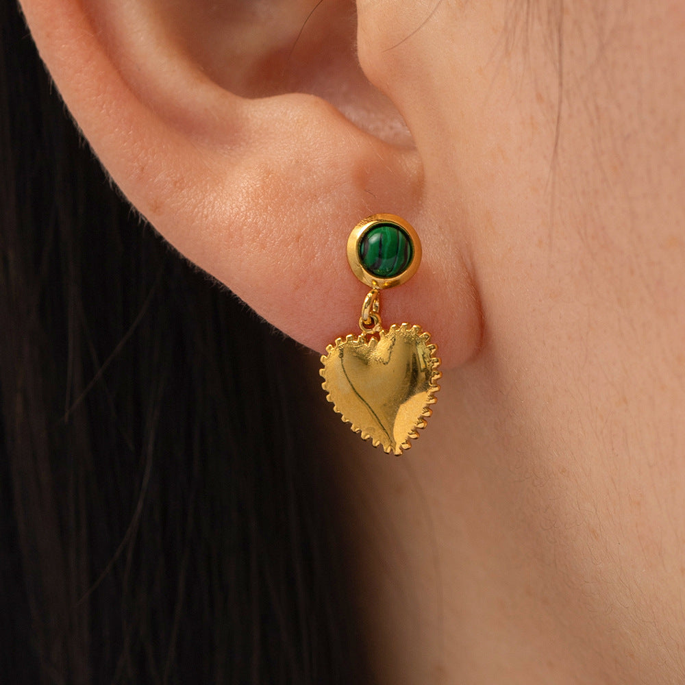 18K Gold Simple Inlaid White Diamond Malachite Heart Pendant Versatile Earrings