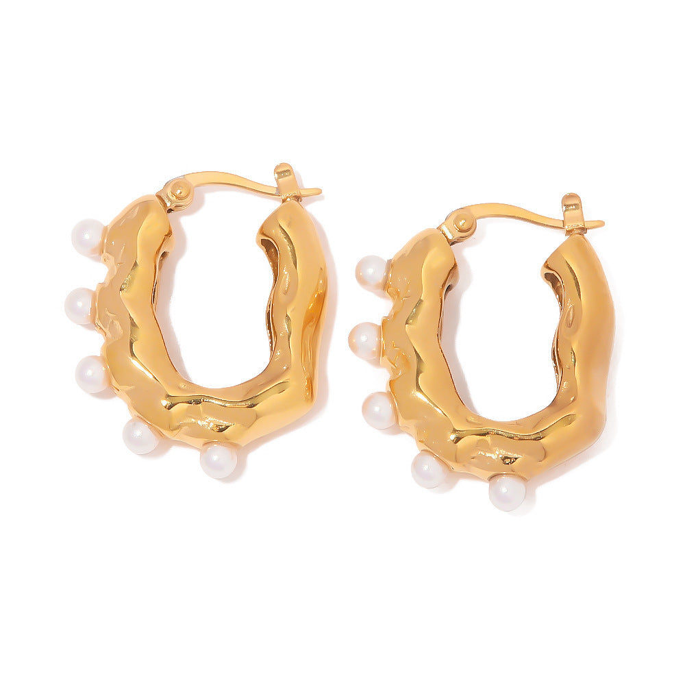 18k gold fashion simple irregular wave texture with geometric pearl design versatile earrings