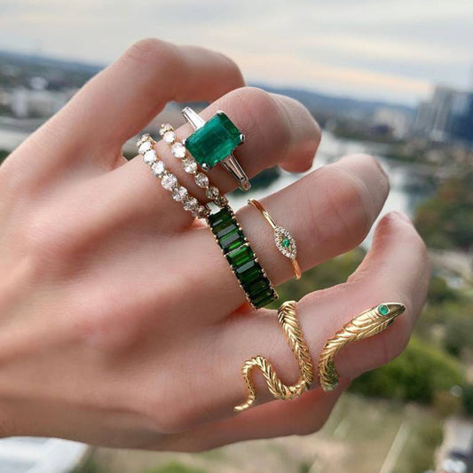 Vintage Diamond Emerald Serpentine 6-Piece Ring