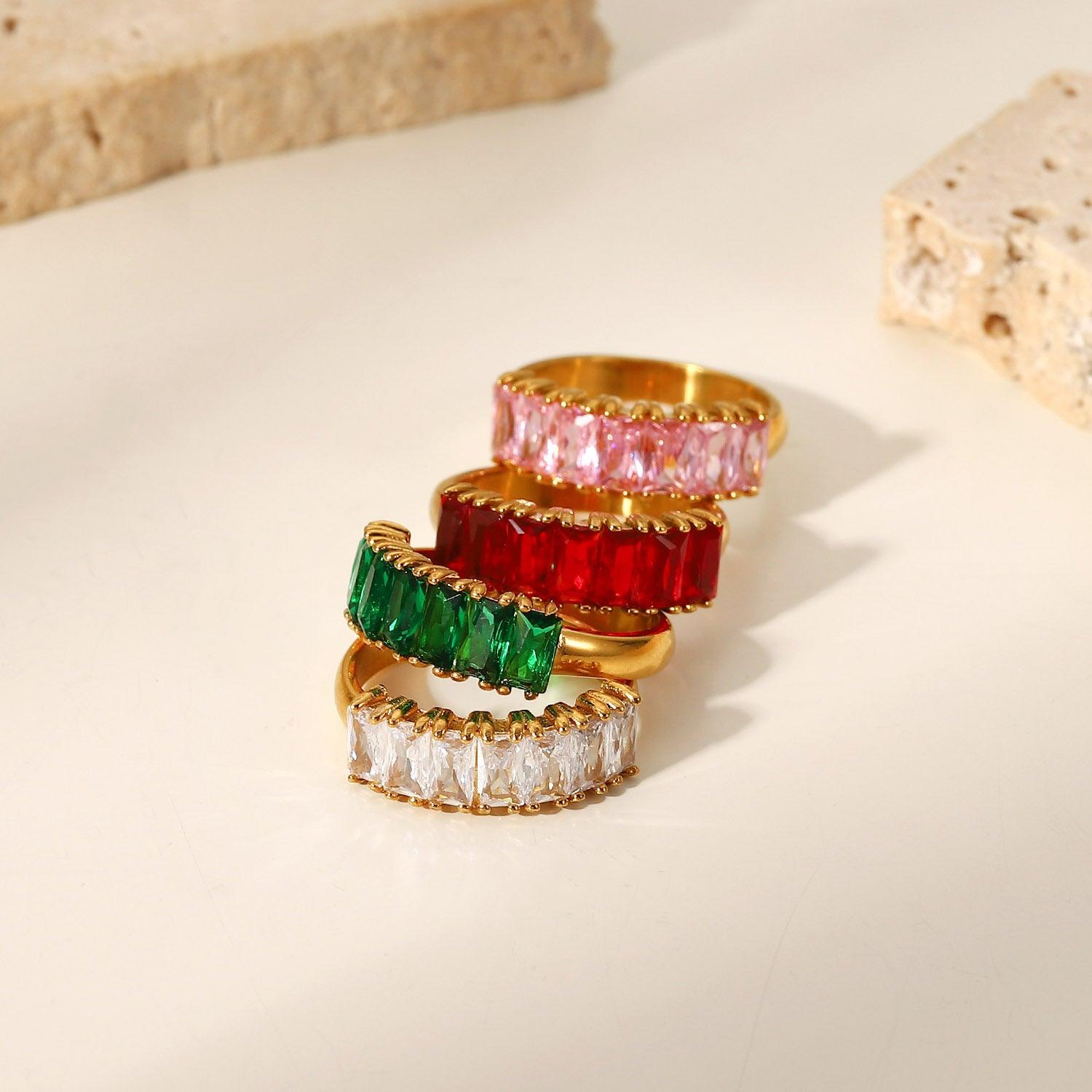 R22.18K Gold Half Circle Rectangular White/Red/Green/Pink Zircon Ring - Elle Royal Jewelry