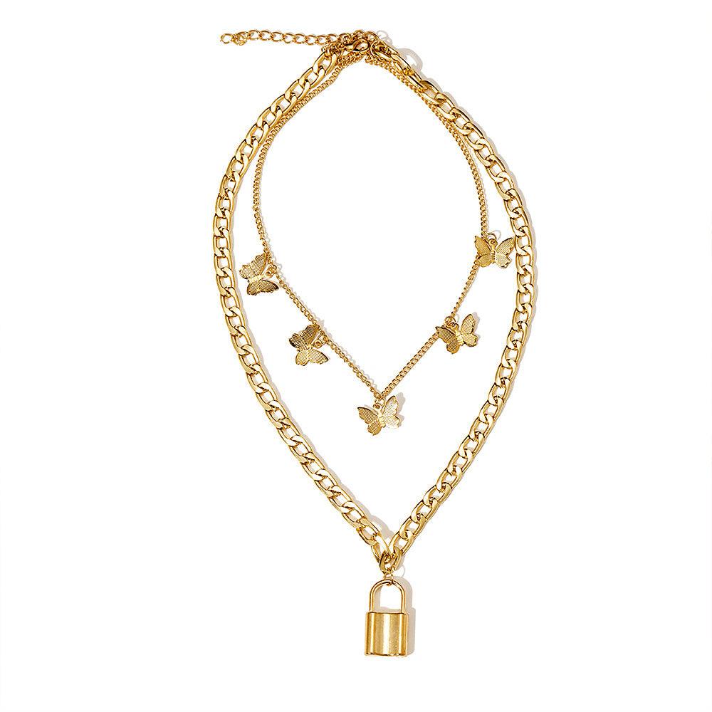 N25.Creative Lock Pendant Stacked Layered Necklace - Elle Royal Jewelry