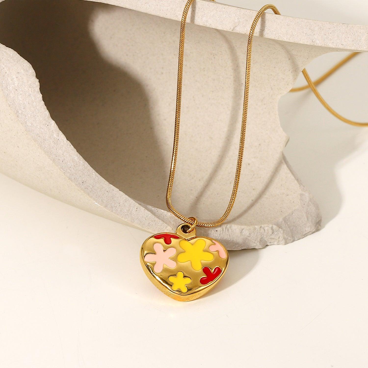 N28.Colorful Drop Oil Flower Heart Pendant Necklace - Elle Royal Jewelry