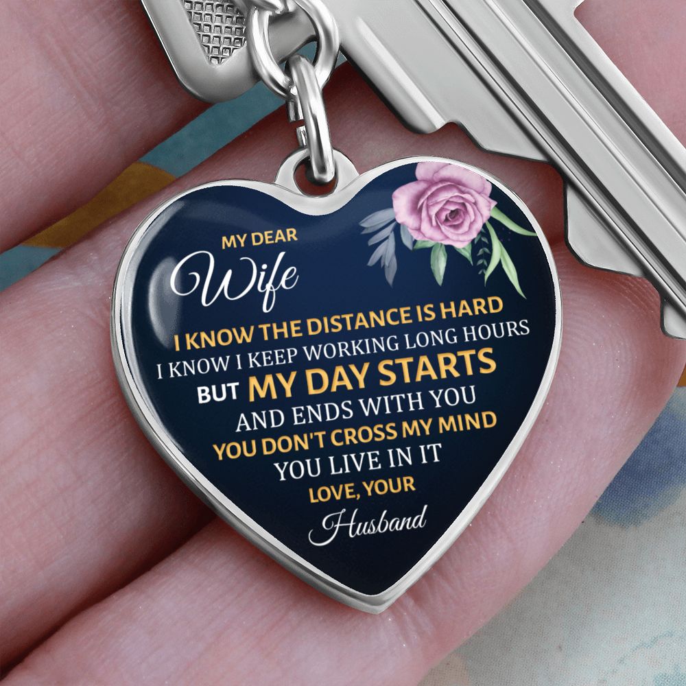 Dear wife Long distance relationship Graphic Heart Keychain (Silver)