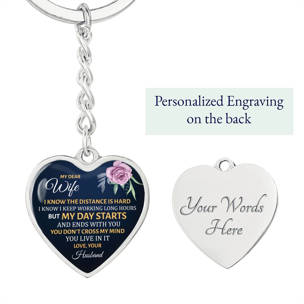 Dear wife Long distance relationship Graphic Heart Keychain (Silver)