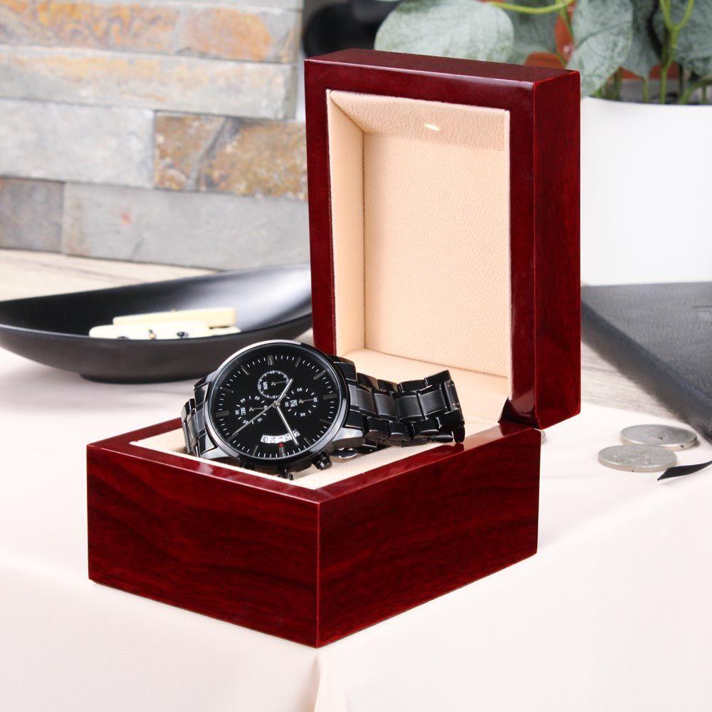 Black Chronograph Watch Engraved - Elle Royal Jewelry