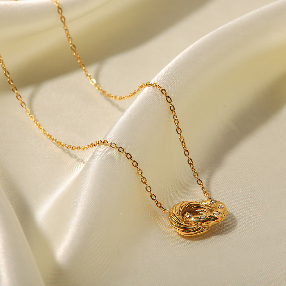 18K gold plated double circle with white diamond pendant necklace